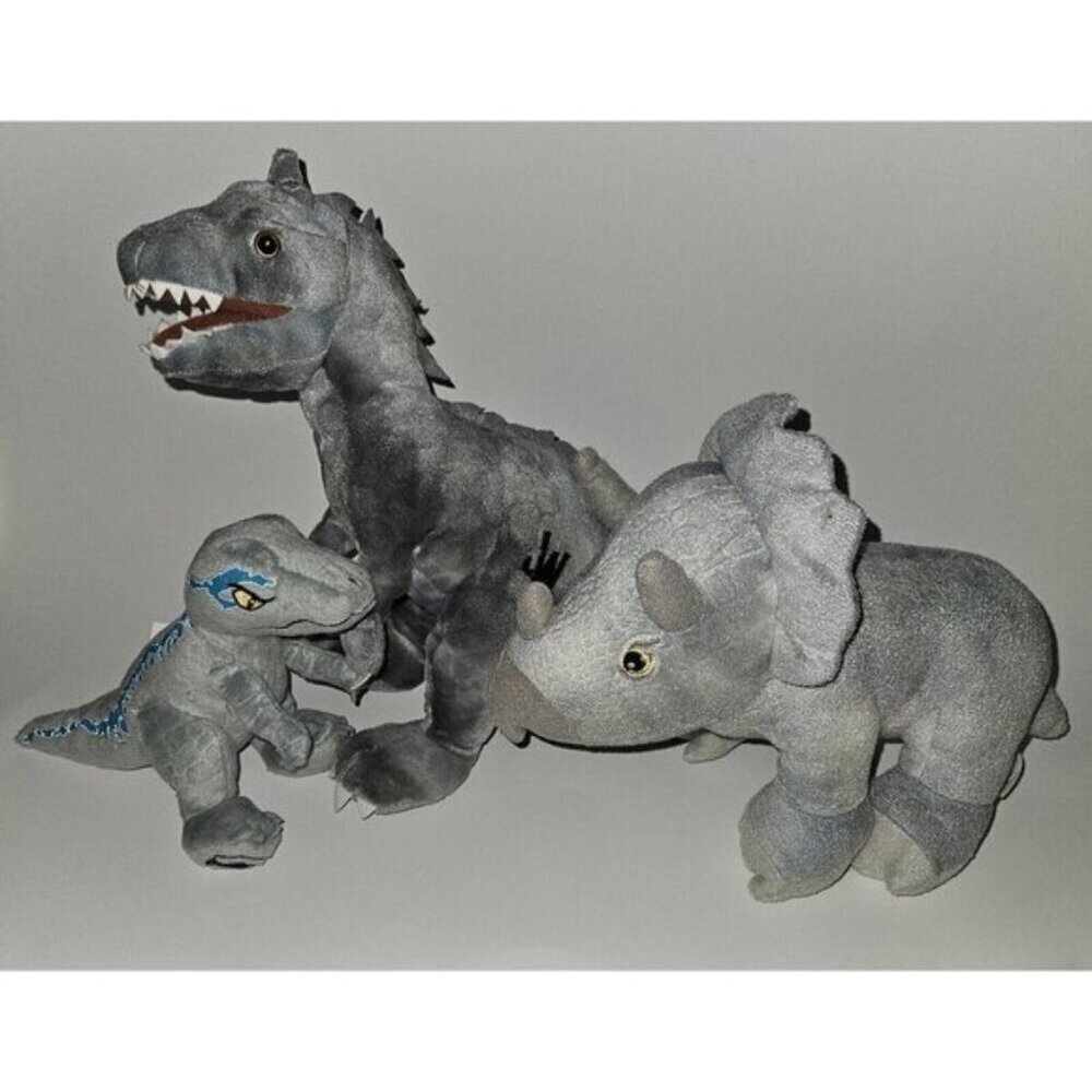 3 Jurassic World Gray Dinosaurs Plush Lot Triceratops T-Rex Blue Stuffed Toys